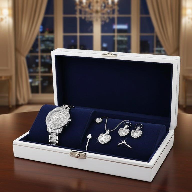 6-Piece Jewellery Set white Stones(Gift Box Included)-in 18k white Gold