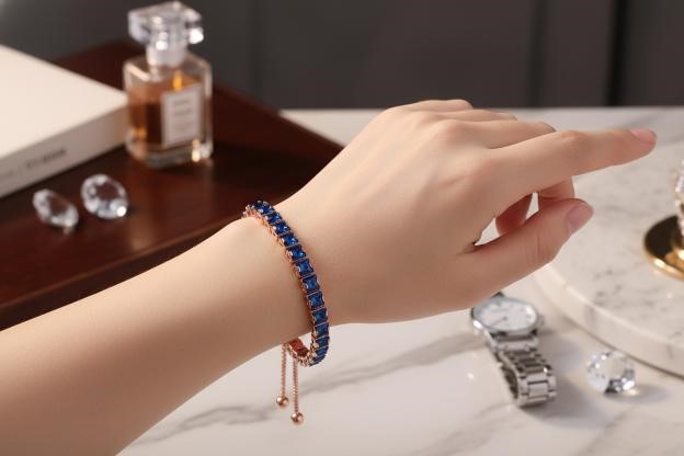 925 Sterling Silver Tennis Bracelet Blue Emerald Cut Simulated Diamonds