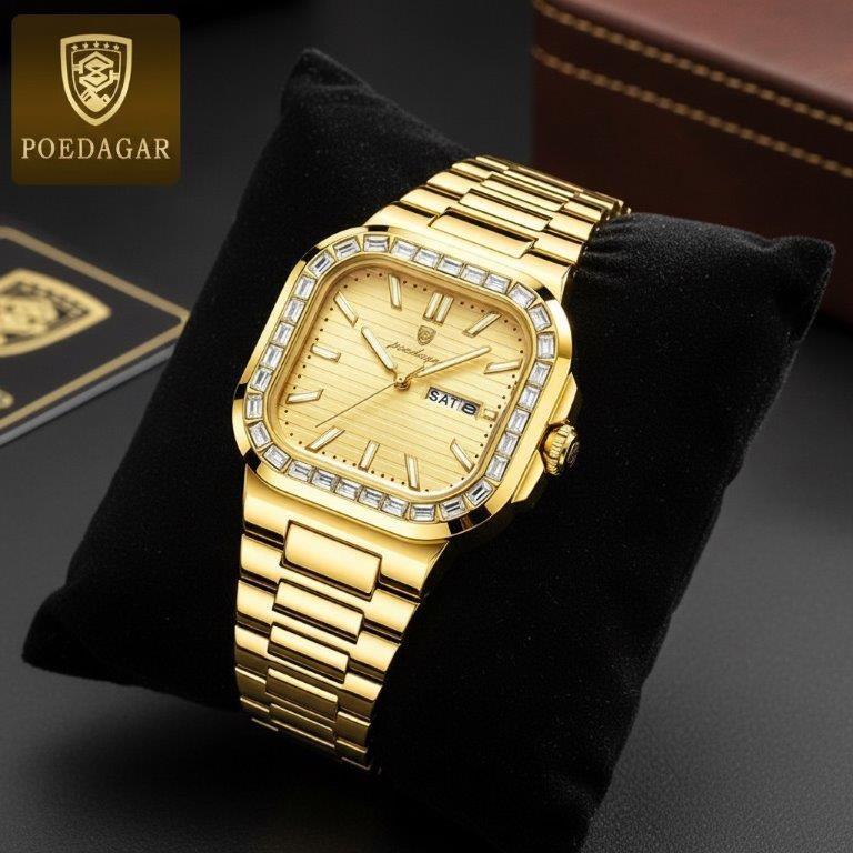 POEDAGAR Men's Gold-Tone Watch with Simulated Diamond Bezel & Premium Gift