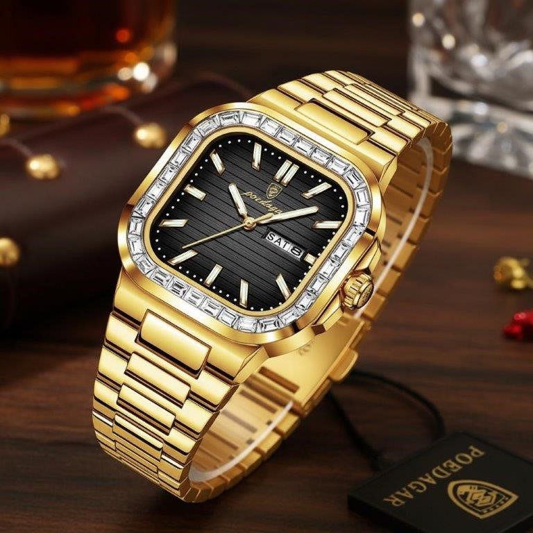 POEDAGAR Men's Gold-Tone Watch with Simulated Diamond Bezel & Premium Gift