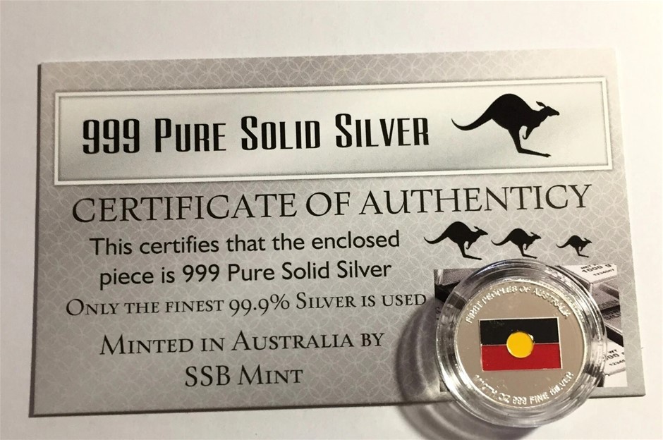 Aboriginal Flag, 1/10th Oz 999 Pure Solid Silver Bullion Coin, C.O.A
