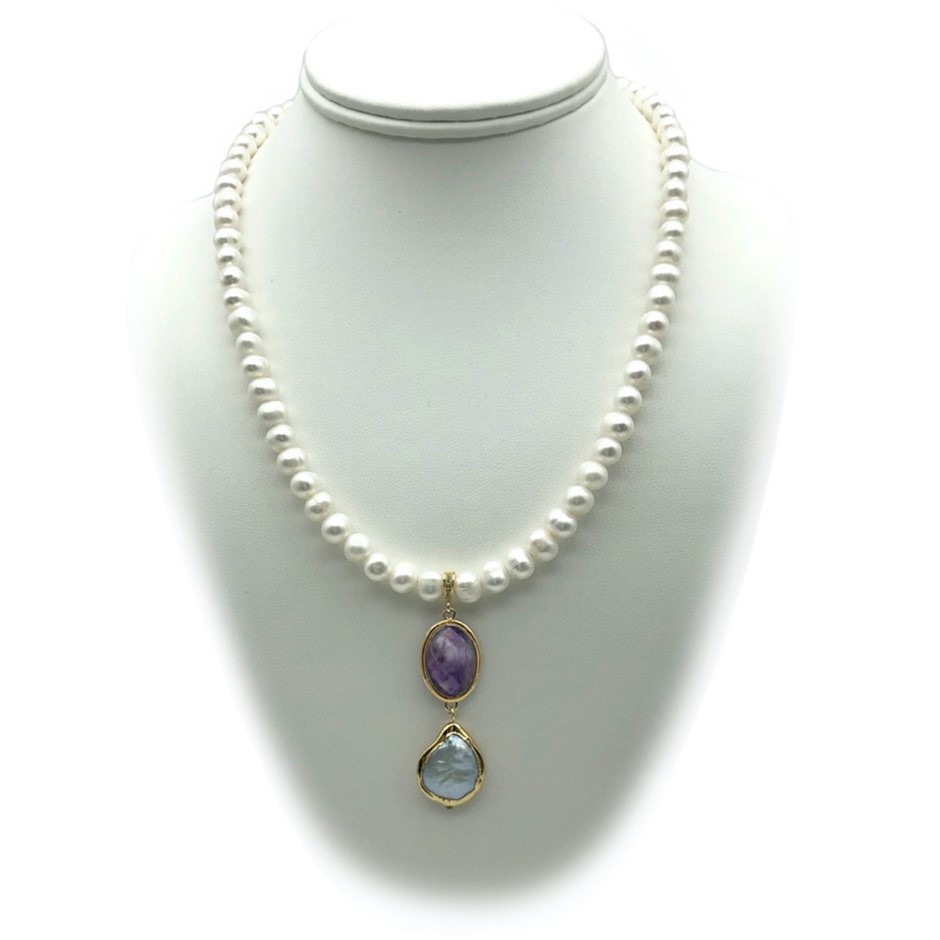 7-8mm Potato & Baroque Pearl Amethyst Real 18k Gold Plated Necklace