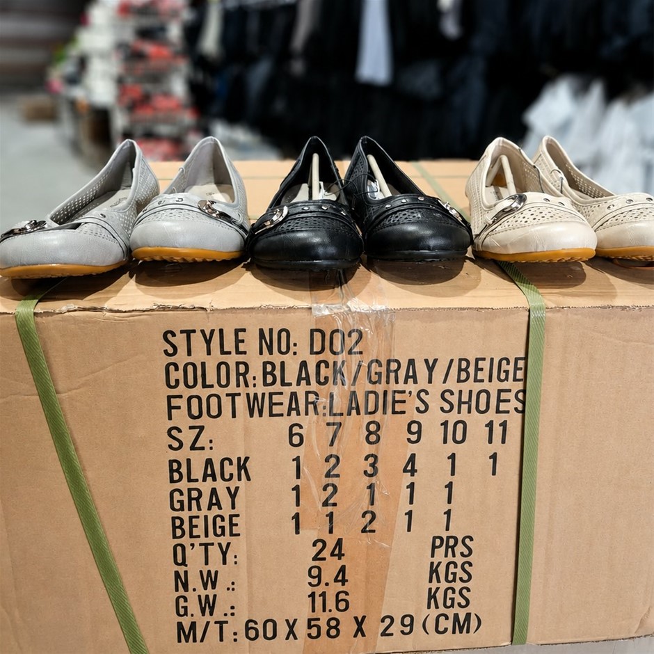 24 Pairs Astral Ladies Comfort Flats Shoes – Assorted Black, Grey & Beige: