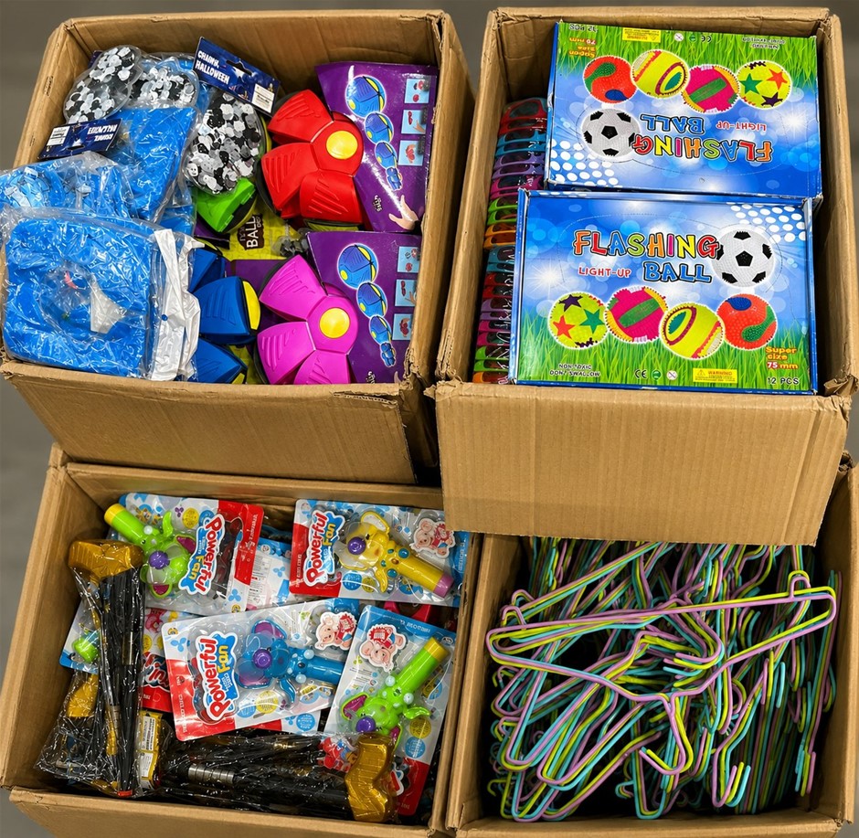 4 Boxes of Toys – Assorted Novelty Toys, Flashing Balls, Bubble Toys, Plast