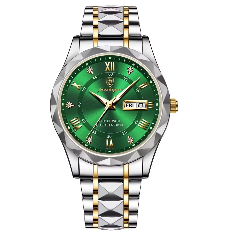 Luxury Men's Quartz Watch with Stainless Steel Strap, Silver/Gold/Green