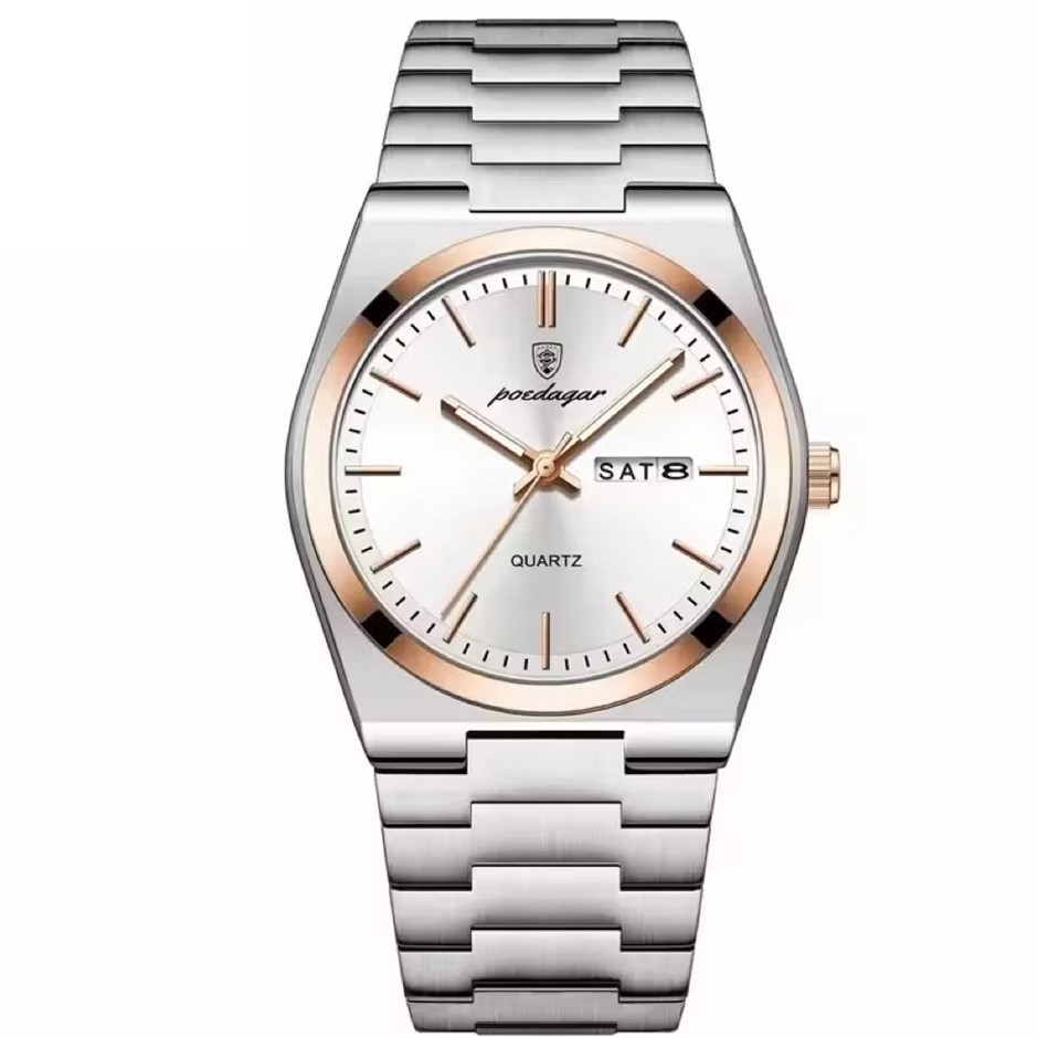 Luxury Quartz Watch Men Stainless Steel Strap, Silver/Rose Gold