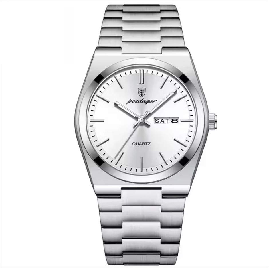Luxury Quartz Watch Men, Calender with Stainless Steel Strap, Silver