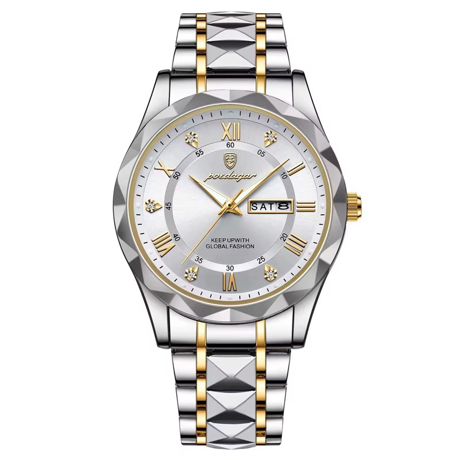 Luxury Men's Quartz Watch Date Week with Stainless Steel Strap, Silver/Gold