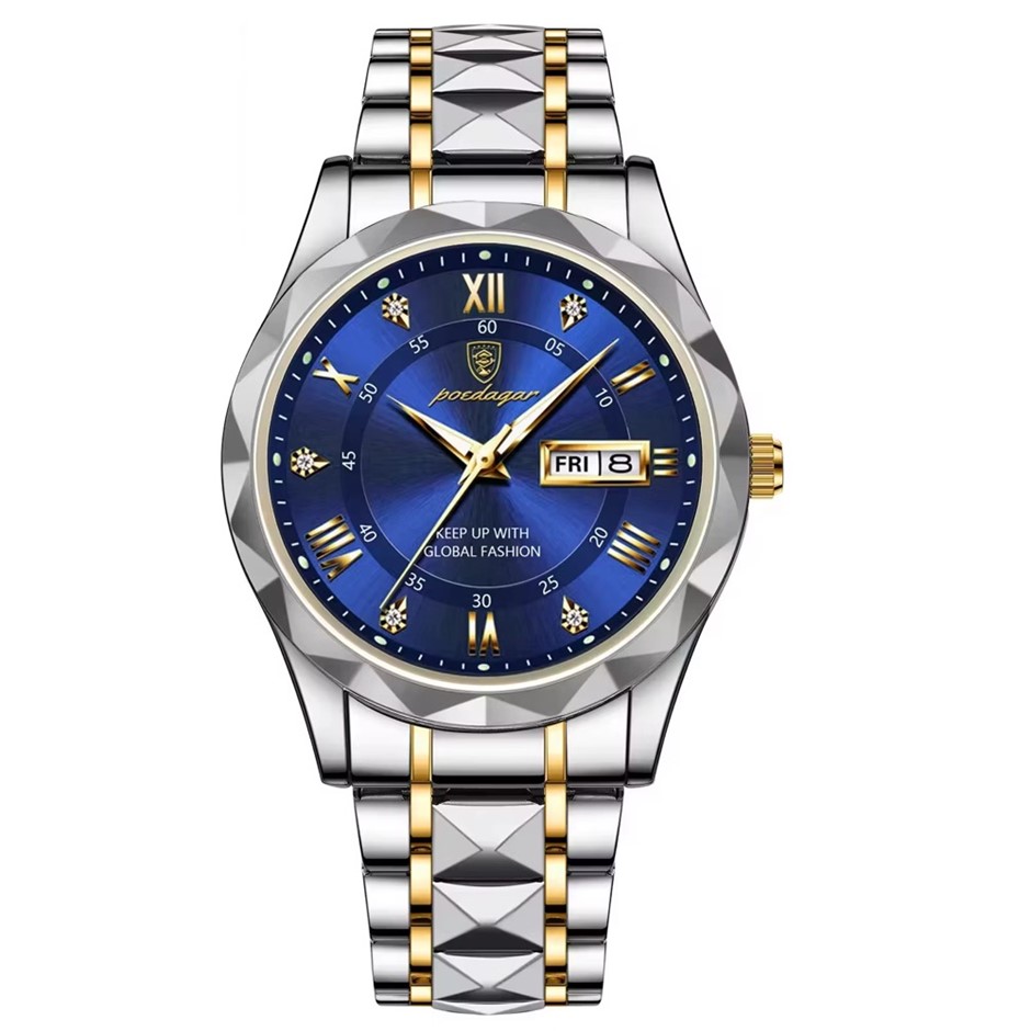 Luxury Men's Quartz Watch Stainless Steel Strap, Silver/Gold/Blue