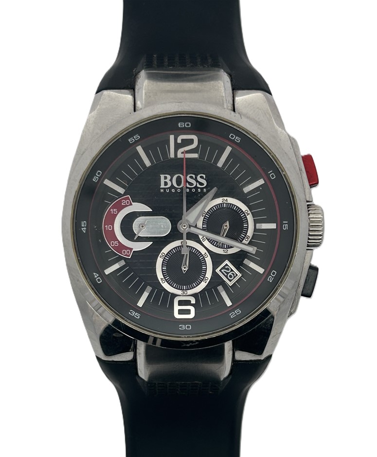 Hugo Boss Chronograph Watch Black Dial 44mm Stainless Steel Rubber Strap