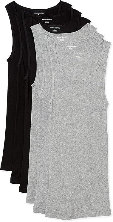6 pk x AMAZON ESSENTIALS Men's Tanks, Size M, Black/Grey Heather. NB: 5 Gre