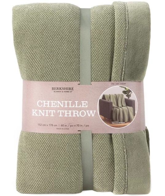 BERKSHIRE LIFE Chenille Knit Throw Blanket, 152cm x 178cm, Dark Sage. NB: n