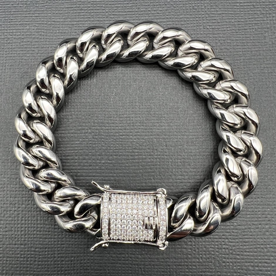 Silver-Filled Cuban Bracelet AAA Cubic Zirconias Clasp, 12MM - 20.3cm