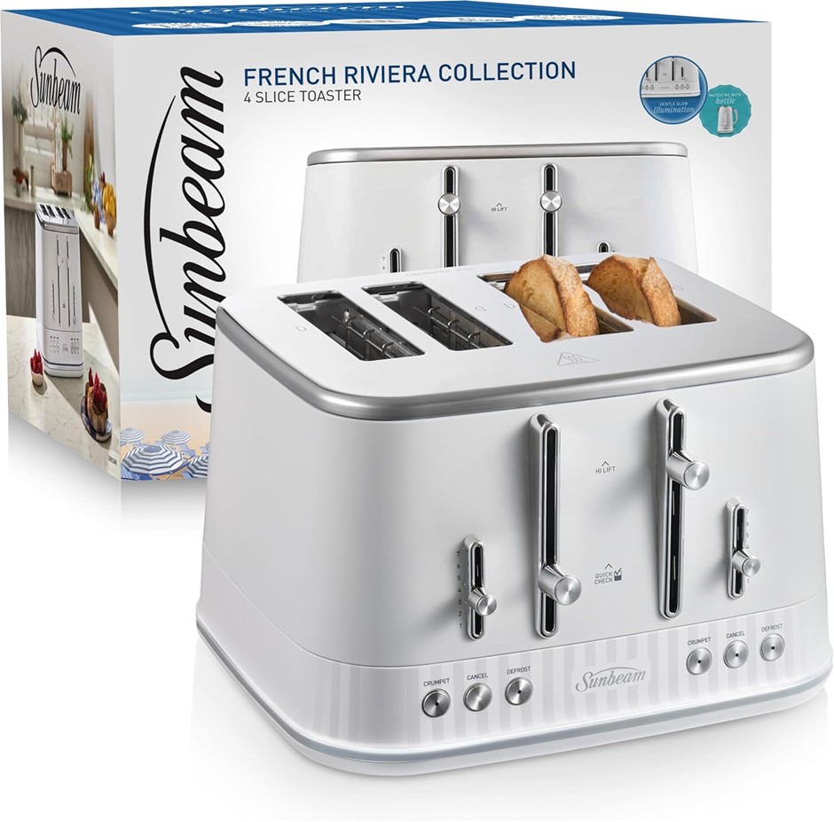 SUNBEAM French Riviera Toaster 4-Slice, White, TAM8104WH. NB: Minor Use.