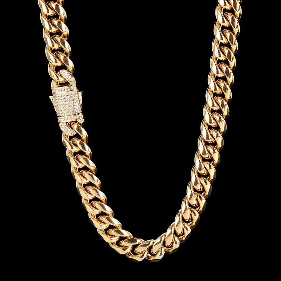 18K Gold-Filled Cuban Chain Necklace with AAA Cubic Zirconias - 12MM-55.8cm