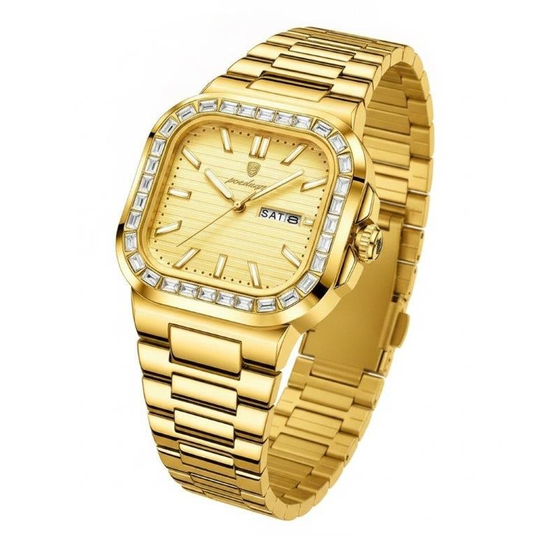 POEDAGAR Men's Gold-Tone Watch with Simulated Diamond Bezel & Premium Box