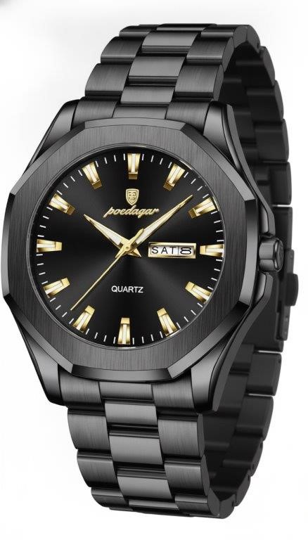 POEDAGAR Men's Black Stainless Steel Day Date Watch with Gift Box
