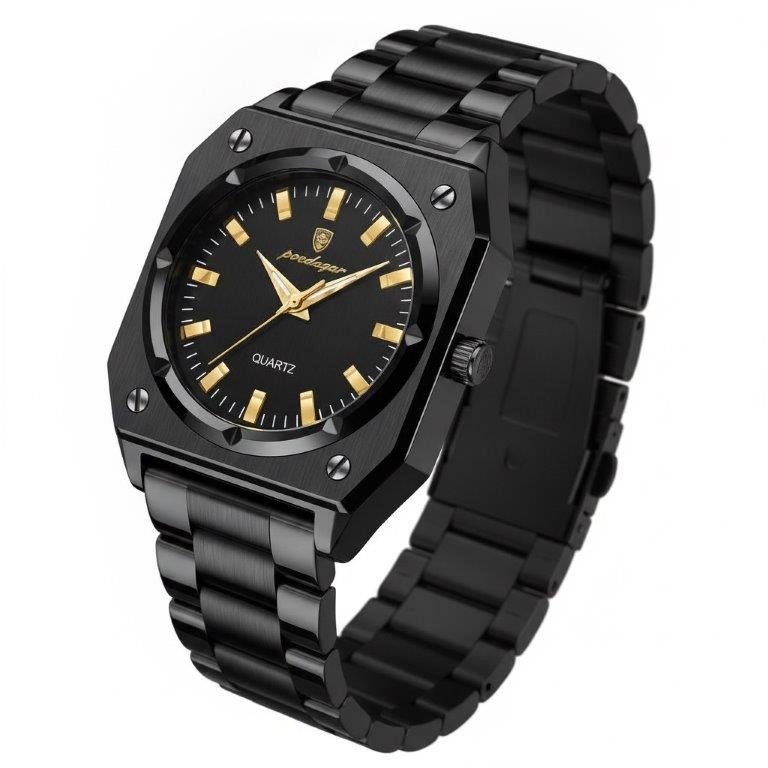 POEDAGAR Men's Black Octagonal Quartz Watch with Gift Box