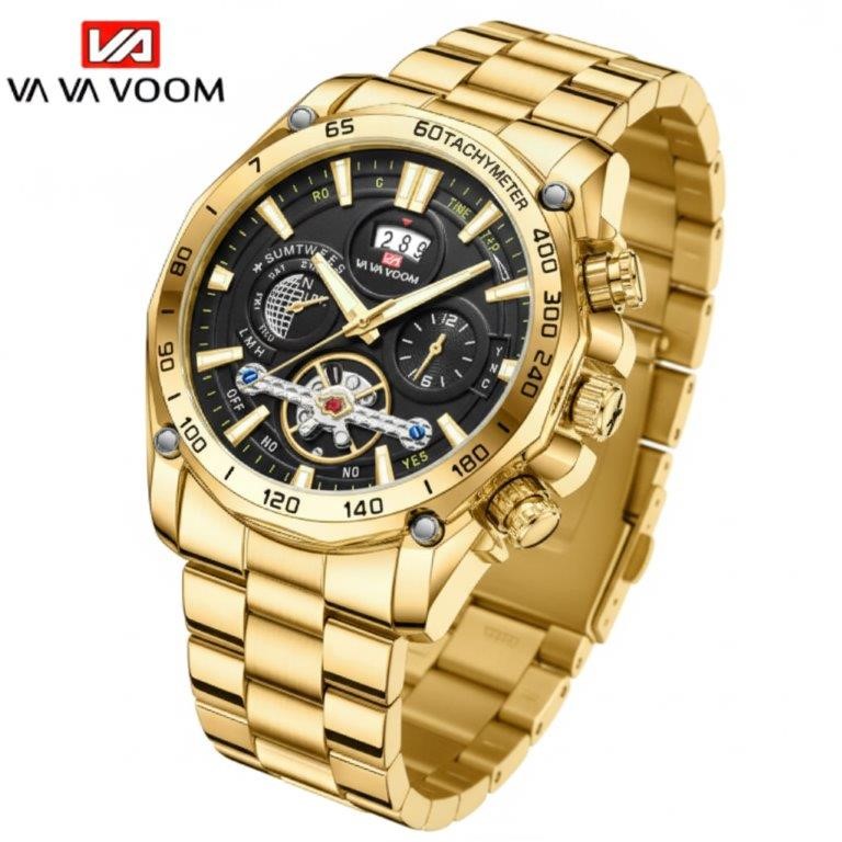 VA VA VOOM Men's Gold-Tone Multi-Function Style Quartz Watch with Box