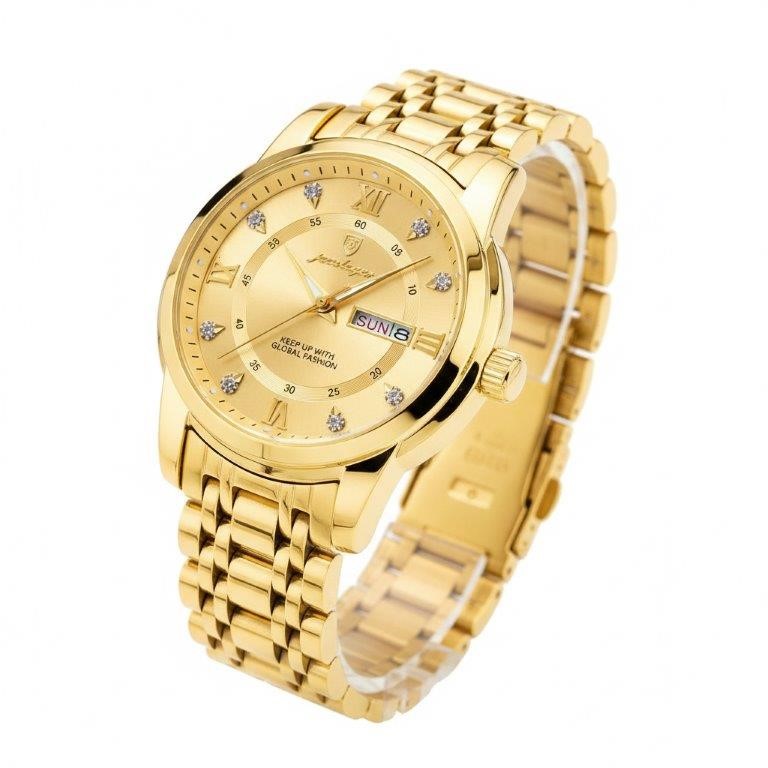 POEDAGAR Men's Blue Dial Two-Tone Day Date Quartz Watch with Gift Box