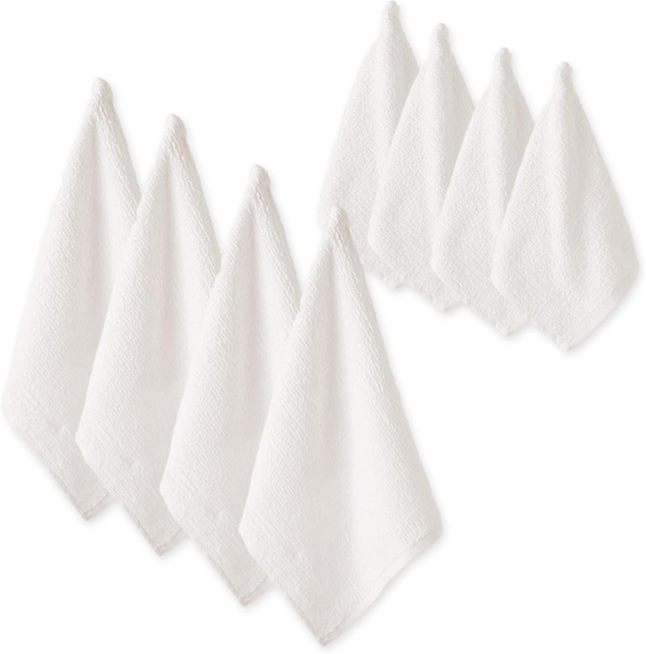 DII Kitchen Bar Mop Dishtowels, 16 x 19 & Dishcloths 12 x 12 Set of 8 - Whi