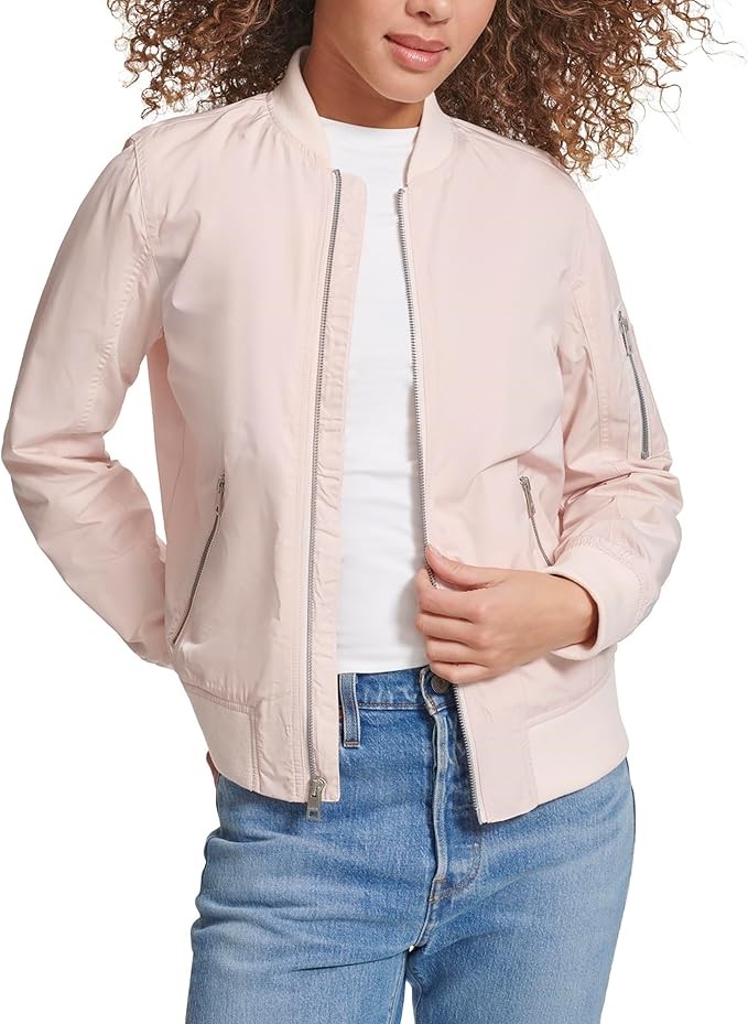 0049-5062664 · LEVI'S Women's Poly Bomber Jacket with Zipper Pockets, Size XS, Peach Bloss