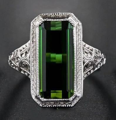 Italy 925 Silver 10.0ct Green Stone Emerald Cut Ring (stamps)-9 US