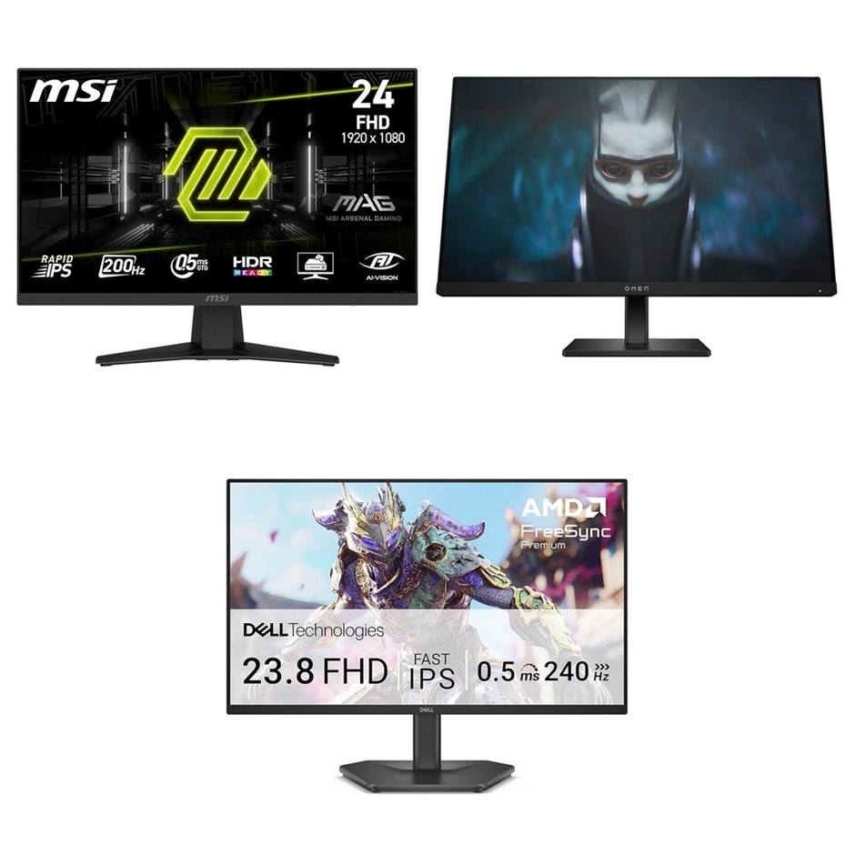 3 x Assorted Monitors, RRP: -$828, Incl: 1 x MSI MAG 244F 24" 200Hz, 1 x HP