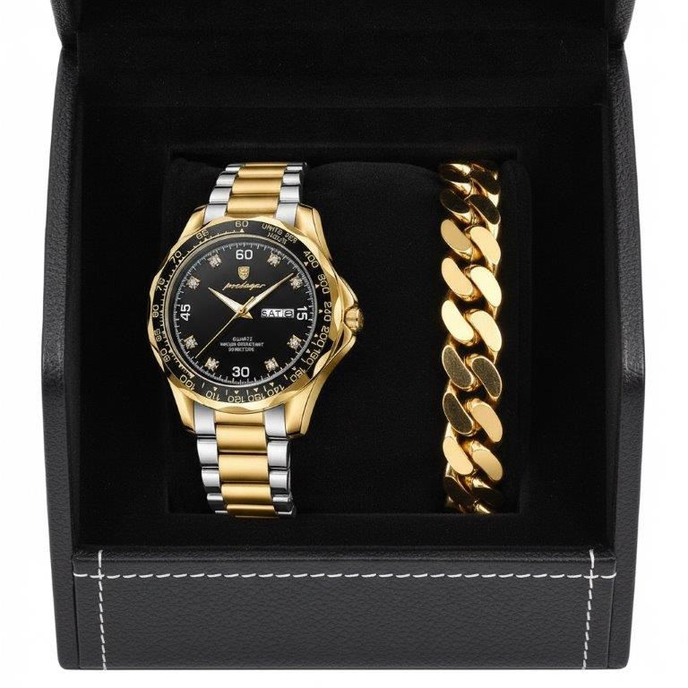 Luxury Poedagar Watch & Cuban Link Bracelet Set w/ Premium Executive Gift