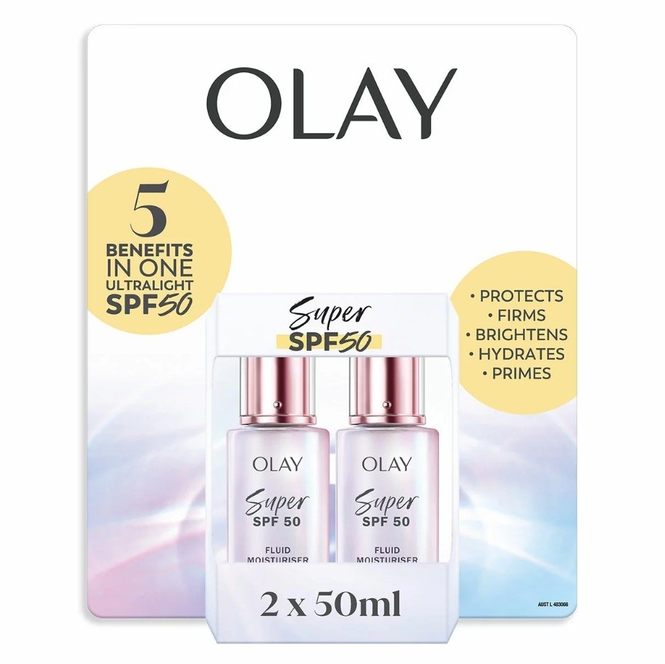 OLAY Super SPF50 Fluid Moisturiser, 2 x 50ml. N.B: Not in original packagin