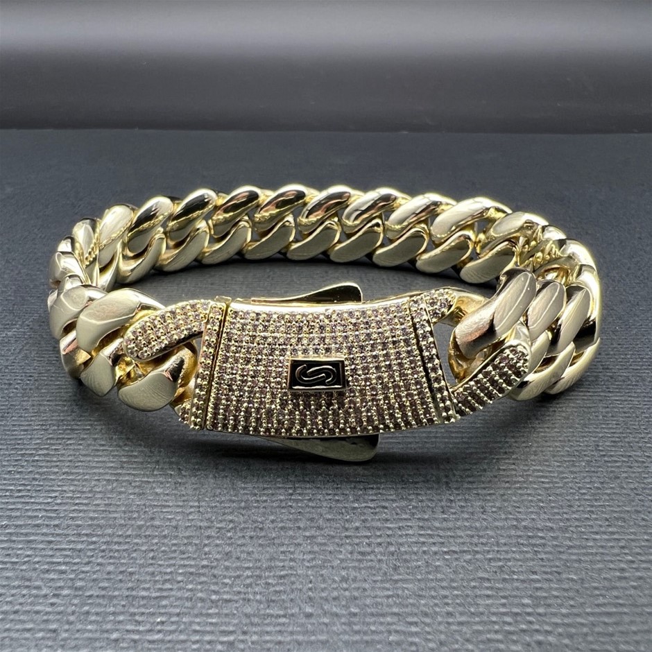 14K Solid Cuban Bracelet, AAA Cubic Zirconias,15MM Wide - 22.8cm
