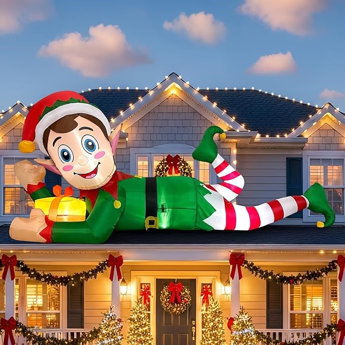 10FT Inflatable Christmas Decorations, Giant Lying Elf Xmas Inflatable Outd