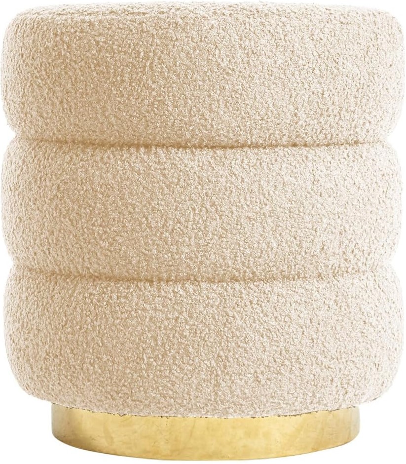 La Bella Round Ottoman Stool – Teddy Fleece Upholstery with Gold Base, Mode