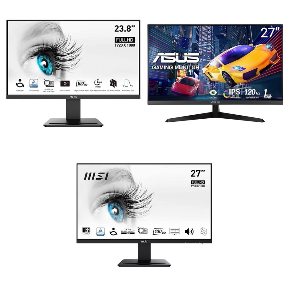 3 x Assorted Monitors. 1 x ASUS VY279HGR Monitor, 27in, IPS, FHD, 120Hz,