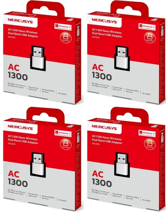 4x Mercusys AC1300 Nano Wireless Dual Band USB Adapter, Plug & Play