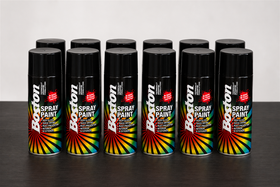 12x Boston Gloss Black Spray Paint Can 250g