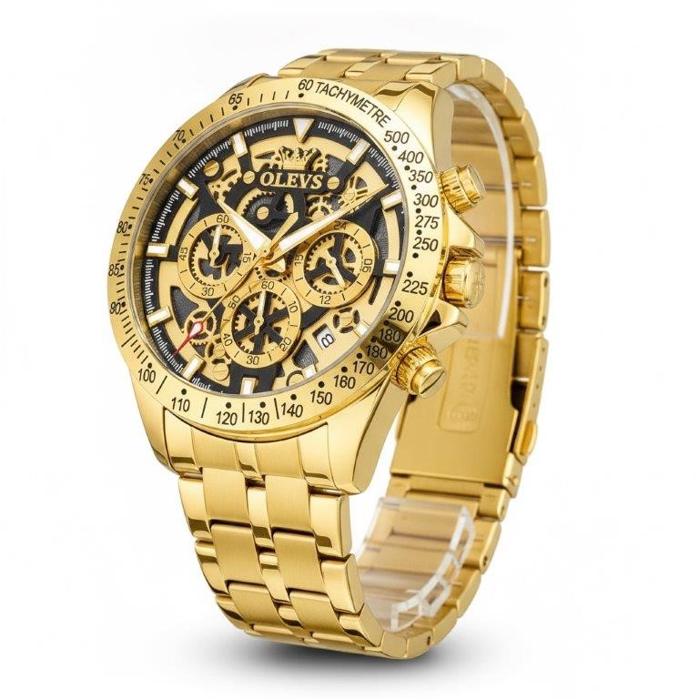Luxury OLEVS Skeleton Gold-Tone Men's Watch with Premium Gift Box