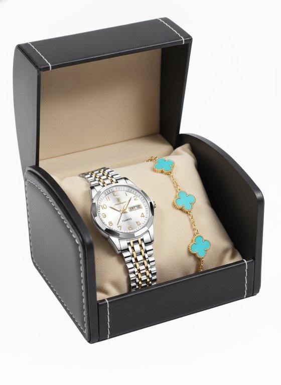 Women's Watch & Clover Bracelet Gift Set with Premium Luxury Box