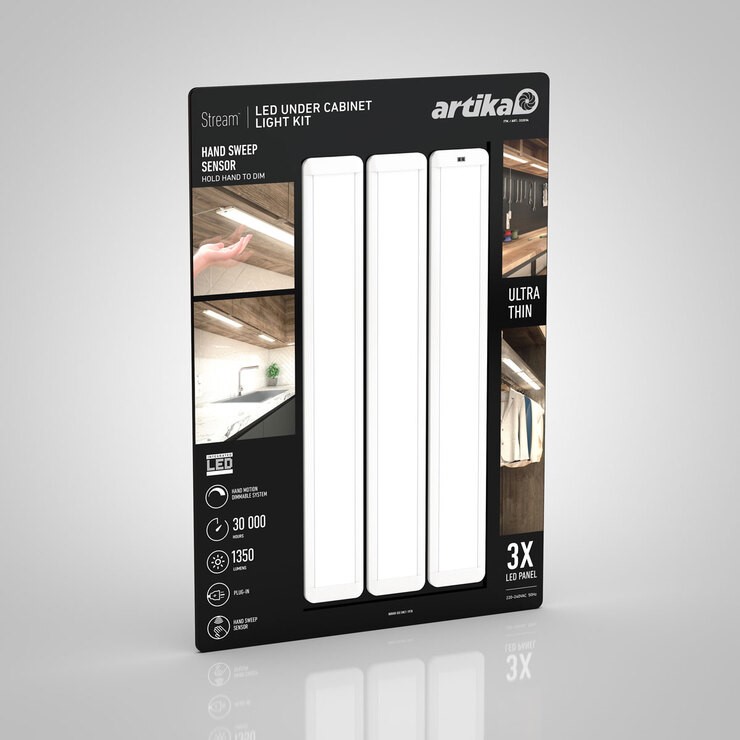ARTIKA 3pk LED Under Cabinet Light Kit, 45.72cm x 6.4cm x 0.85 cm. NB: Dama