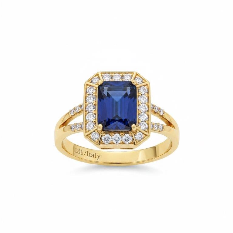 18K/Italy 8.0ct Blue Emerald Cut Yellow Gold Filled Ring(stamped)-9US