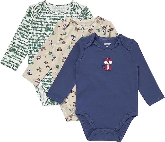 3pk x HANES Baby Pure Comfort Long Sleeve Bodysuits, Size 3 Months, Green/B