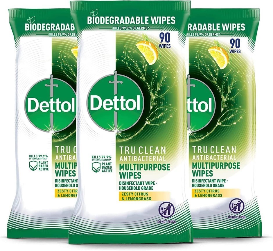 2 x DETTOL Tru Clean Antibacterial Wipes Zesty Citrus and Lemongrass 90 wip