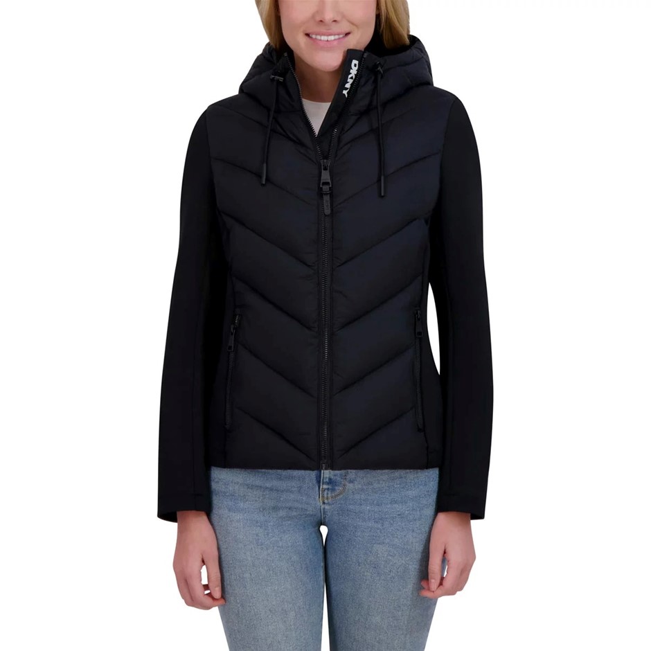DKNY Women's Mixed Media Jacket, Size M, Black. Buyers Note - Discount Fre