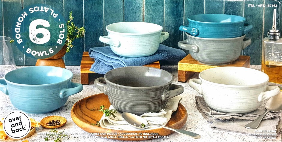 OVER AND BACK 6pk Stoneware Ceramic Bowls with Handles, Blue/White/Grey. NB