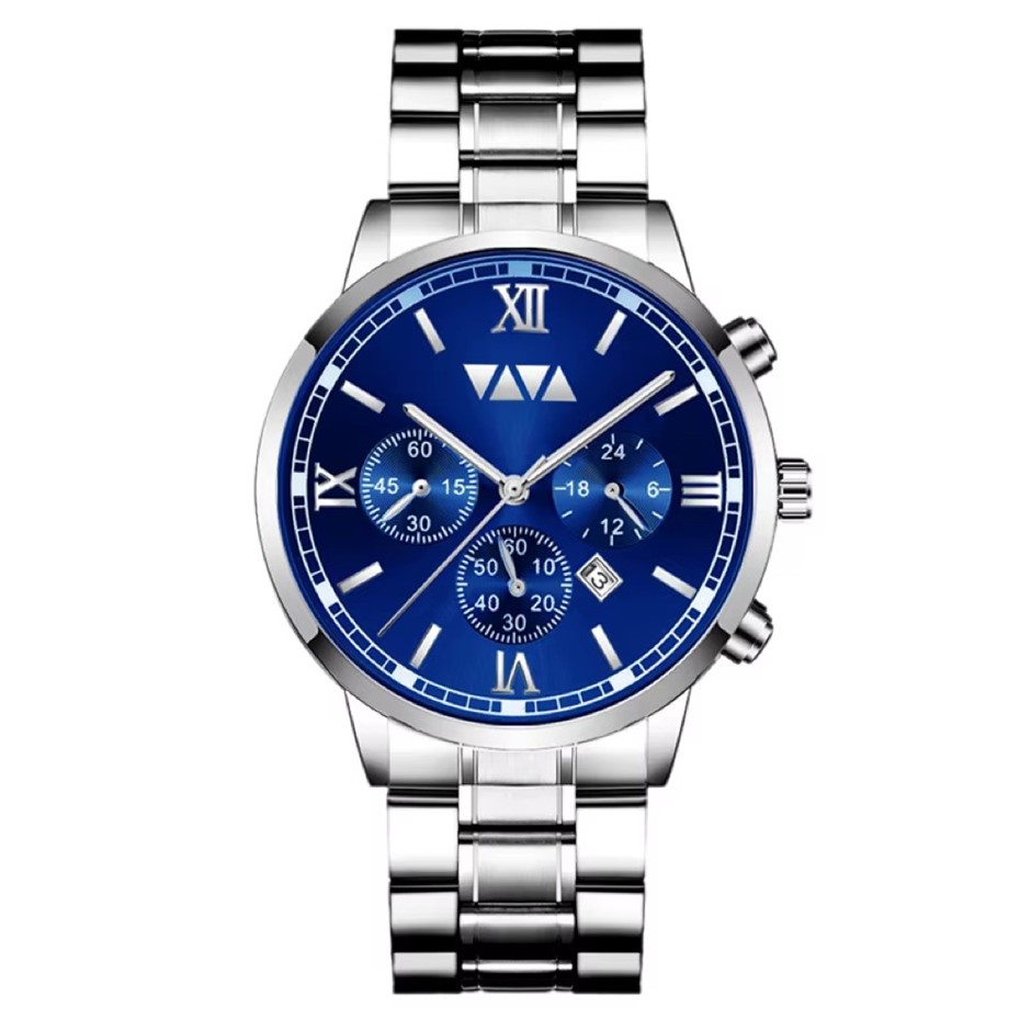 Men's Fashion Calendar Luxury Stainless Steel Watch - Silver/Blue