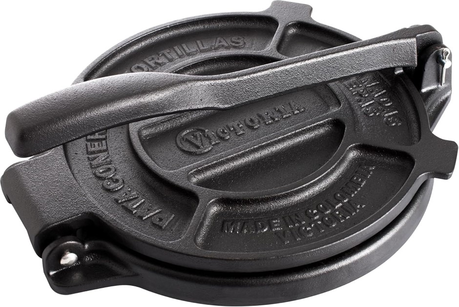 VICTORIA 8 inch Cast Iron Tortilla Press. NB: has been used.