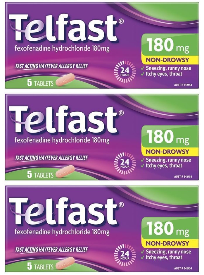 3 x TELFAST Hayfever Allergy Relief 180mg - Non-drowsy - 5 Tablets EXP: 01/