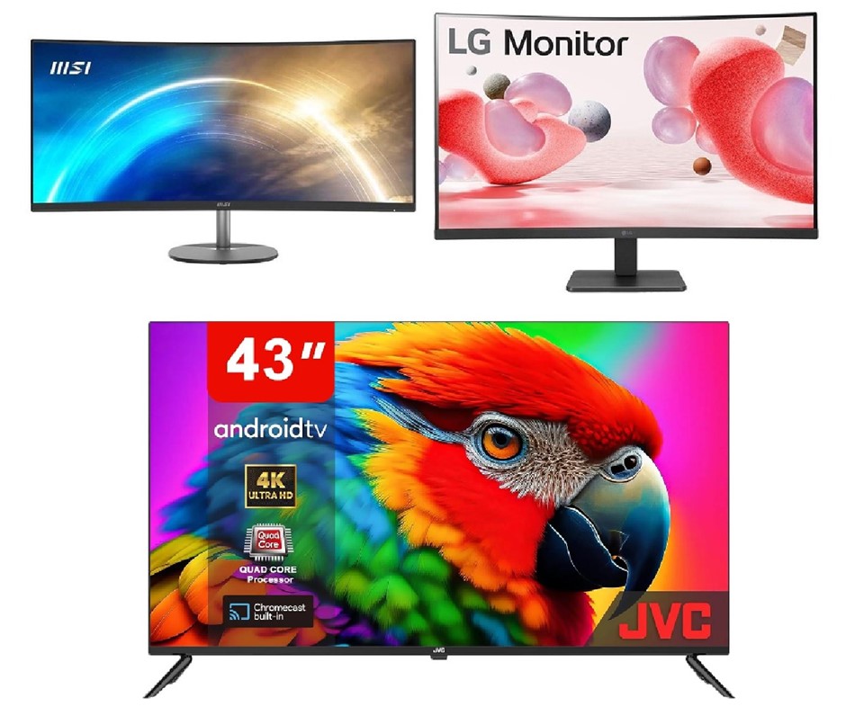 3 x Assorted Monitors. 1 x JVC 43-Inch 4K Ultra HD Smart Android TV, Model