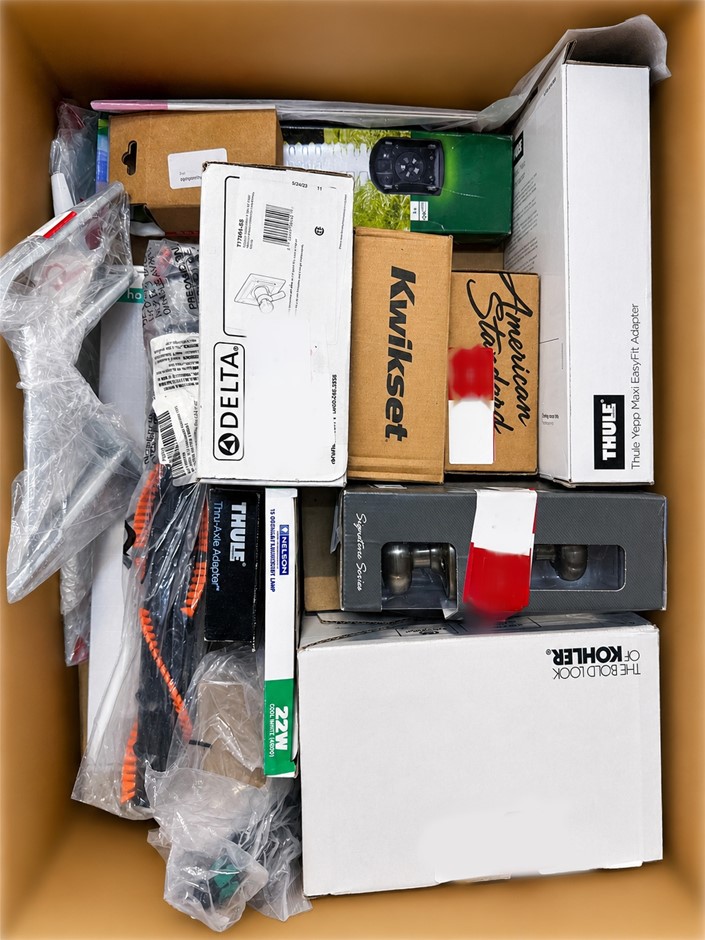 BOX OF ASSORTED TOOLS & HARDWARE: Thule, Delta, Kwikset, American Standard,