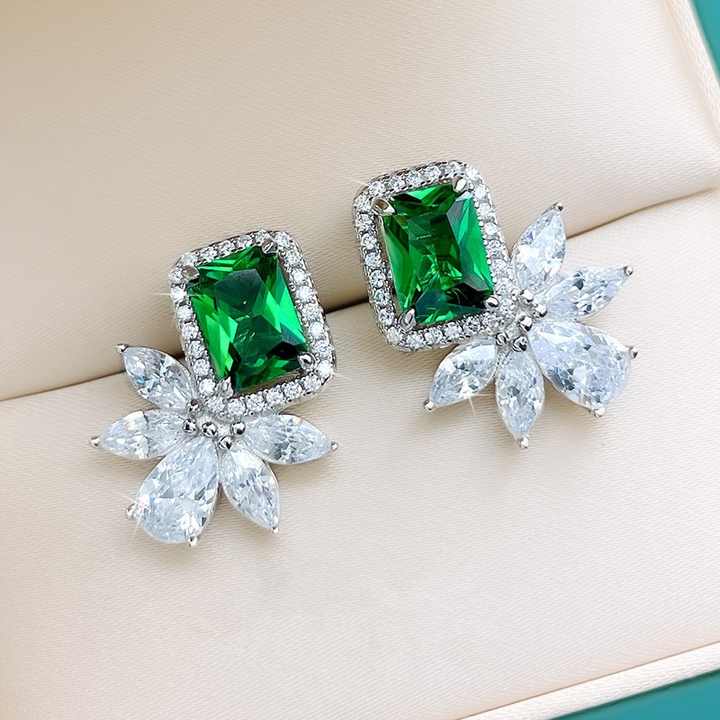 Designer Simulated Diamond Rectangle Green Bridal Earrings in  Silver